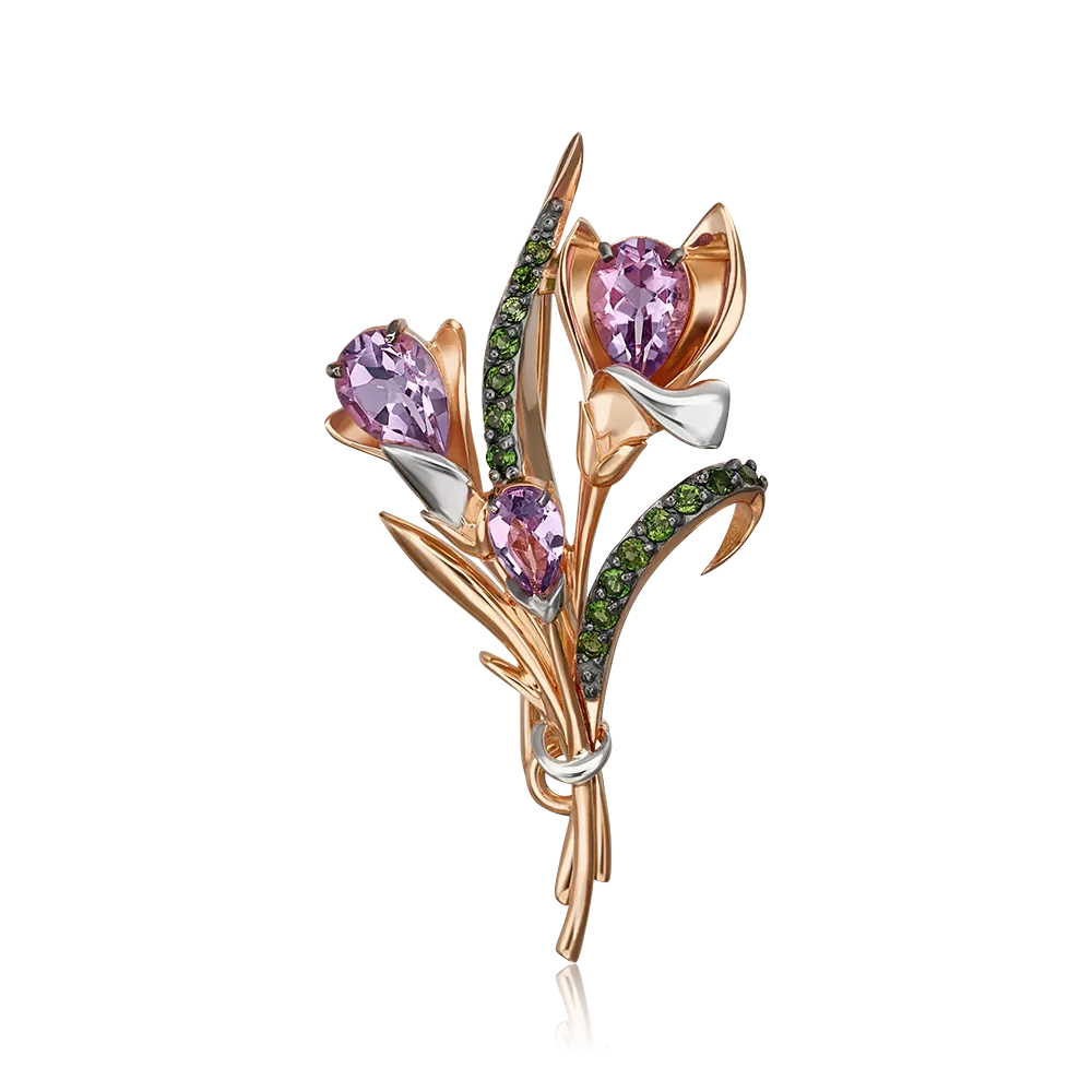 Брошь «Крокусы» из красного золота с аметистами и хромдиопсидами 04-0247-00-709-1110-57
