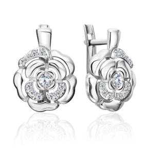 Серьги «Камелии» с английским замком из серебра с фианитами 02-5528-00-401-0200