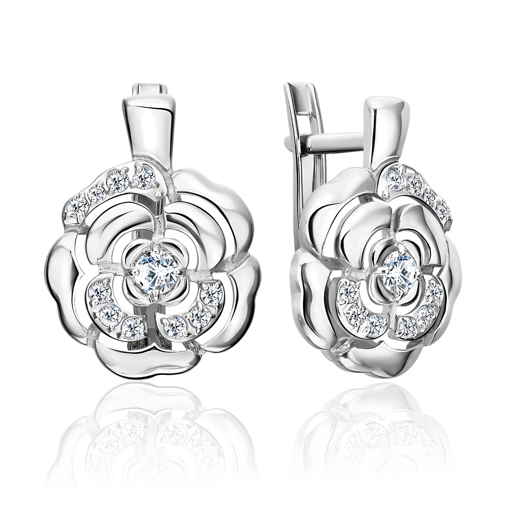 Серьги «Камелии» с английским замком из серебра с фианитами 02-5528-00-401-0200