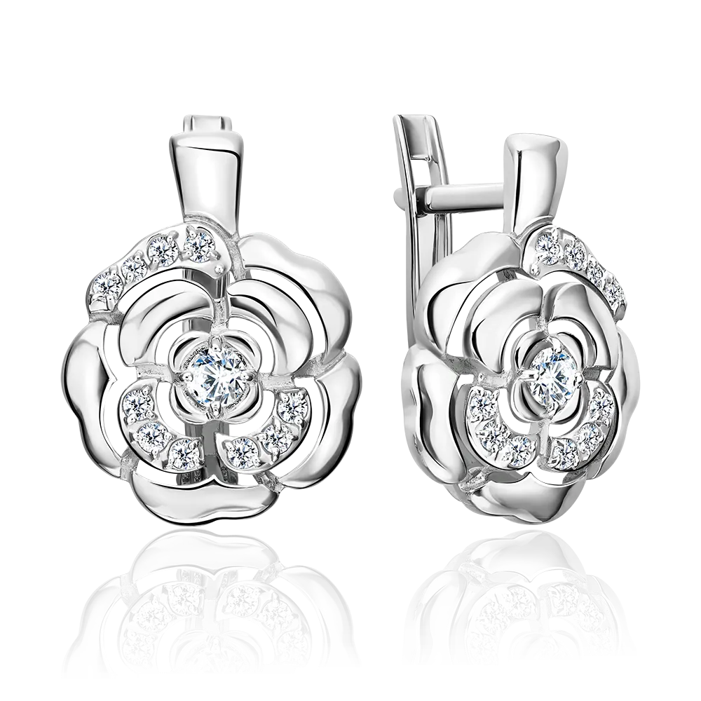 Серьги «Камелии» с английским замком из серебра с фианитами 02-5528-00-401-0200