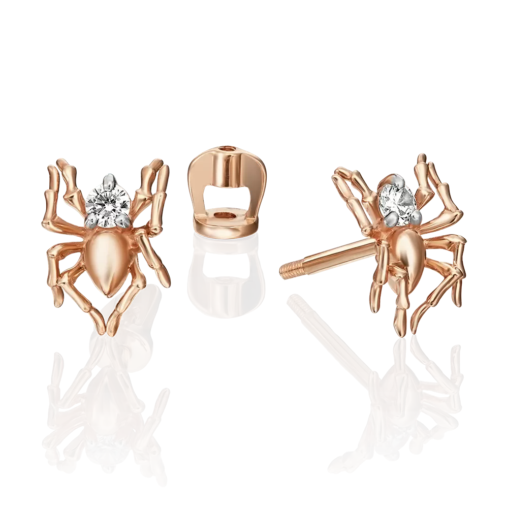 Серьги-пусеты «Пауки» из красного золота с фианитом 02-4478-00-401-1110-03