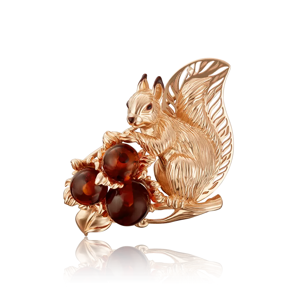 Брошь «Белка» из красного золота с янтарём и эмалью 04-0180-01-271-1110-46