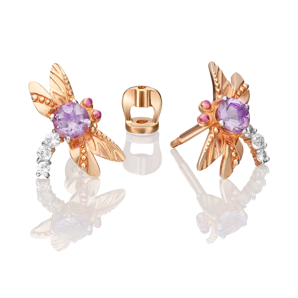 Серьги-пусеты «Стрекозы» из красного золота с аметистом, натуральными топазами white и эмалью 02-4679-00-225-1110-57