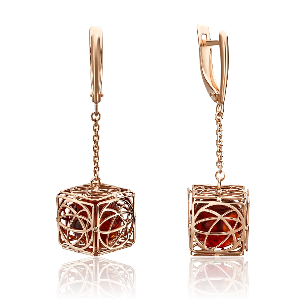 Серьги с английским замком из красного золота с янтарём 02-4362-00-271-1110-46