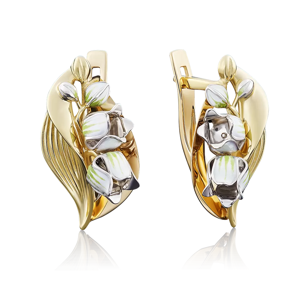 Серьги «Ландыши» с английским замком из комбинированного золота с эмалью 02-3912-00-000-1121-59