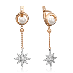 Серьги с английским замком из комбинированного золота с жемчугом культивированным и фианитами 02-4421-00-302-1111-31