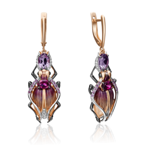 Серьги «Жуки-скарабеи» с английским замком из красного золота с миксом камней и эмалью 02-4353-00-712-1110-57