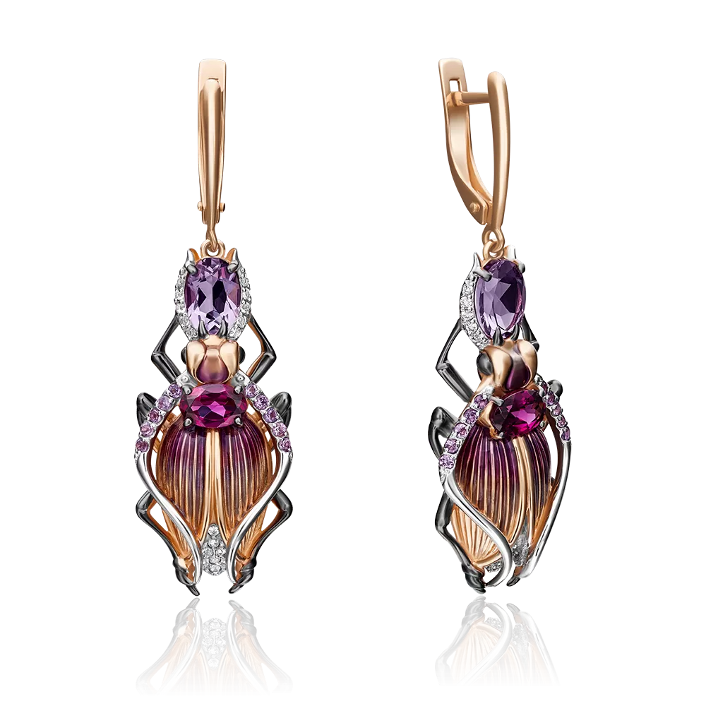 Серьги «Жуки-скарабеи» с английским замком из красного золота с миксом камней и эмалью 02-4353-00-712-1110-57