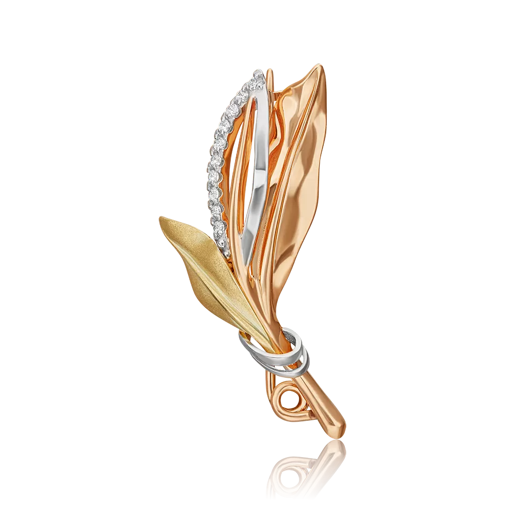 Брошь «Листья лавра» из комбинированного золота с фианитами 04-0248-00-401-1140-03