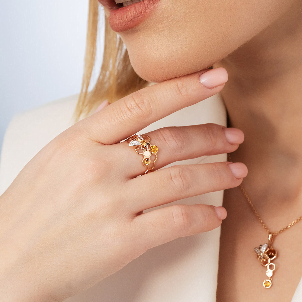 Кольцо «Пчела на сотах» из красного золота с цитринами и натуральными топазами white 01-5457-00-282-1110-57