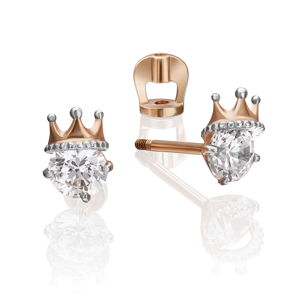 Серьги-пусеты «Короны» из красного золота с фианитом 02-4306-00-501-1110-38