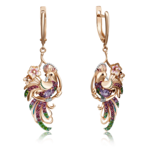 Серьги «Райские птицы» с английским замком из красного золота с миксом камней и эмалью 02-4101-00-708-1110-58