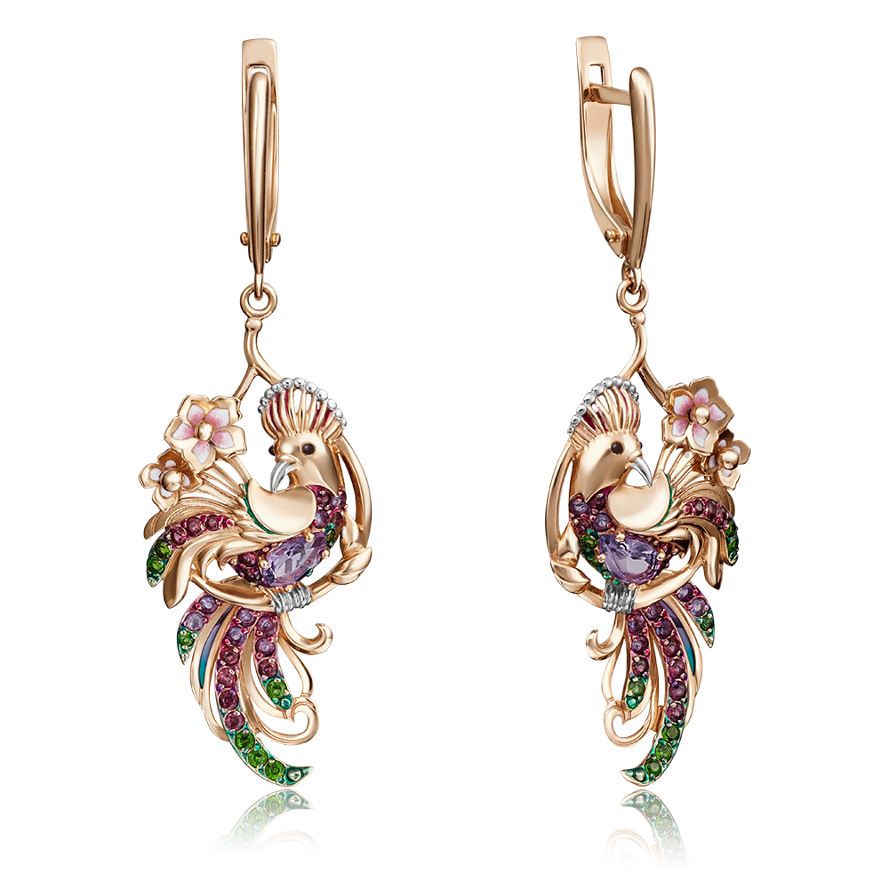 Серьги «Райские птицы» с английским замком из красного золота с миксом камней и эмалью 02-4101-00-708-1110-58