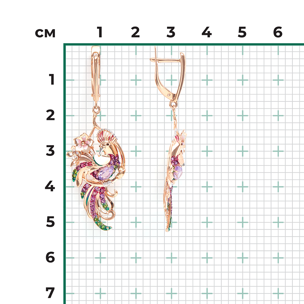 Серьги «Райские птицы» с английским замком из красного золота с миксом камней и эмалью 02-4101-00-708-1110-58