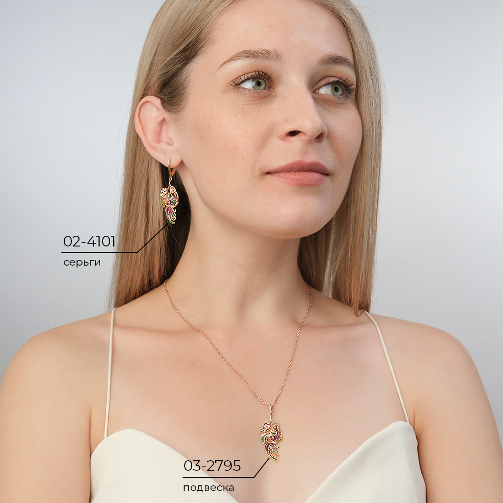 Серьги «Райские птицы» с английским замком из красного золота с миксом камней и эмалью 02-4101-00-708-1110-58