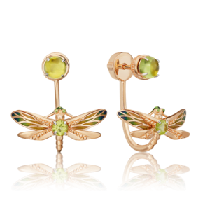 Серьги-джекеты «Стрекозы» из красного золота с хризолитами и эмалью 02-4693-00-205-1110-57