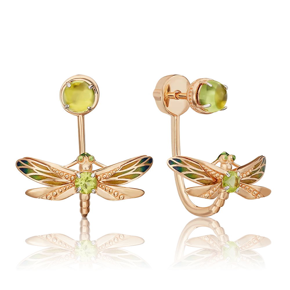 Серьги-джекеты «Стрекозы» из красного золота с хризолитами и эмалью 02-4693-00-205-1110-57