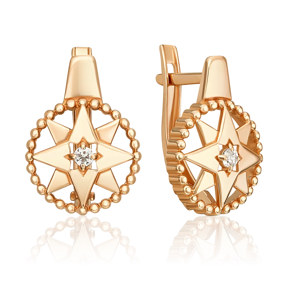 Серьги «Роза ветров» с английским замком из красного золота с фианитом 02-5517-00-401-1110