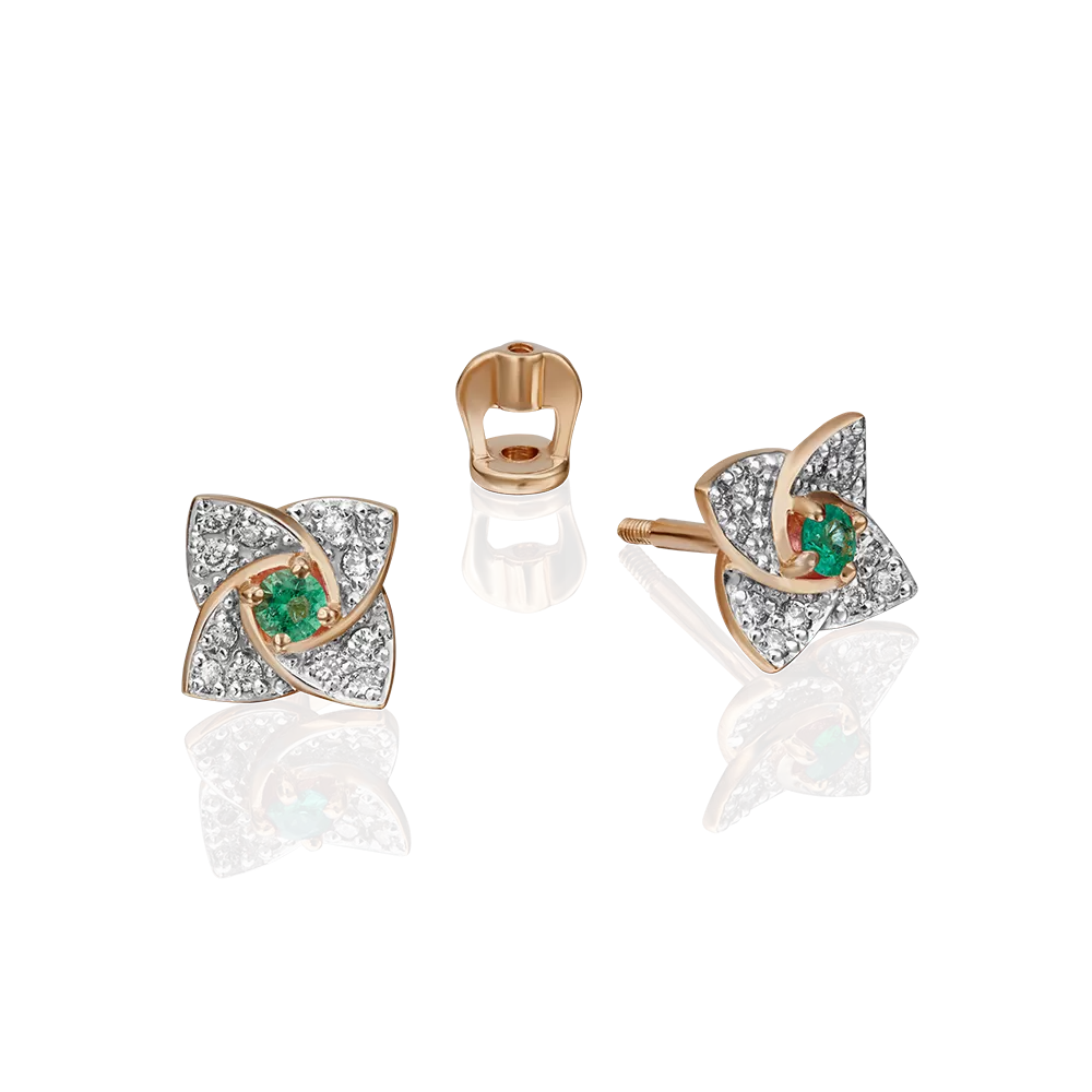 Серьги-пусеты из красного золота с изумрудом и бриллиантами 02-0845-00-106-1110-30