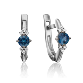 Серьги с английским замком из белого золота с сапфиром и бриллиантами