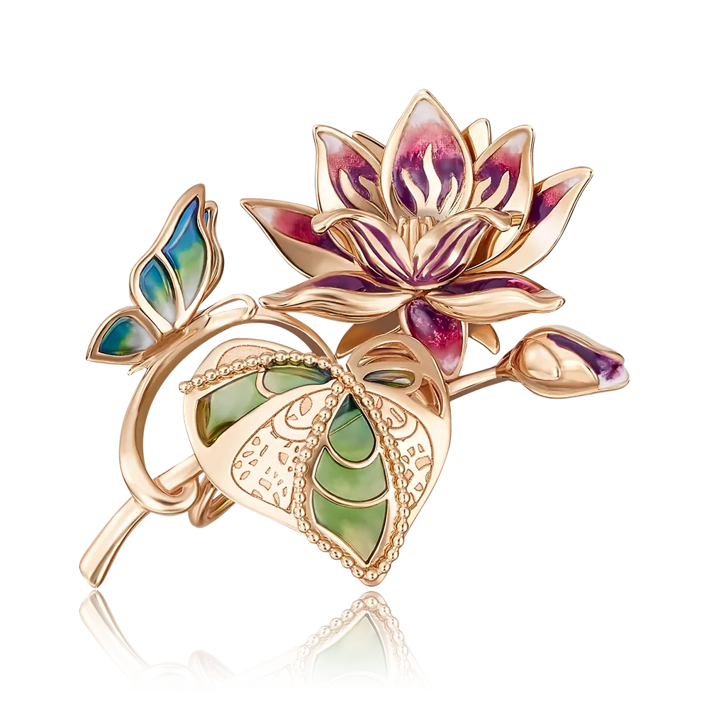 Брошь «Лотос» из красного золота с эмалью 04-0194-00-000-1110-48