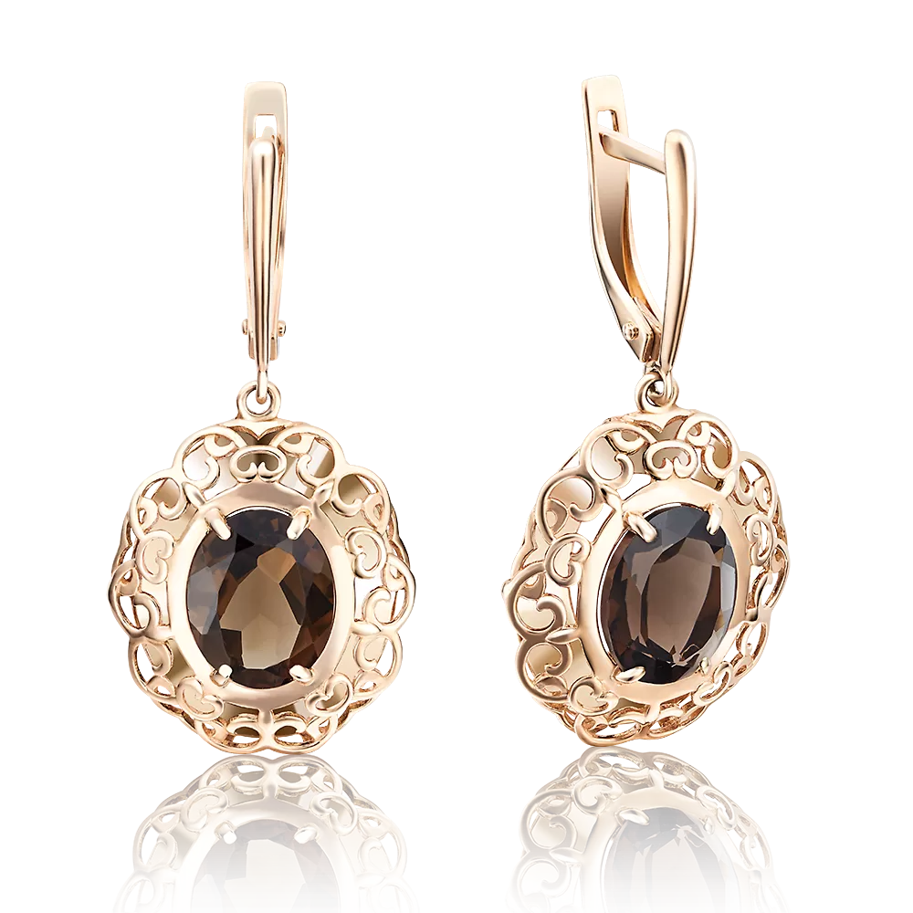 Серьги с английским замком из красного золота с кварцем дымчатым 02-3663-00-202-1110-46