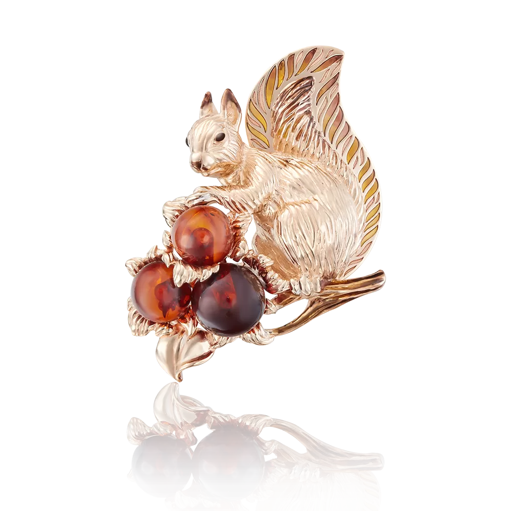 Брошь «Белка» из красного золота с янтарём и эмалью 04-0180-00-271-1110-46
