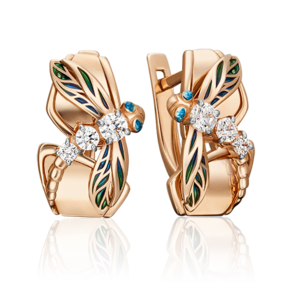 Серьги «Стрекозы» с английским замком из красного золота с фианитами и эмалью 02-4529-01-501-1110-38