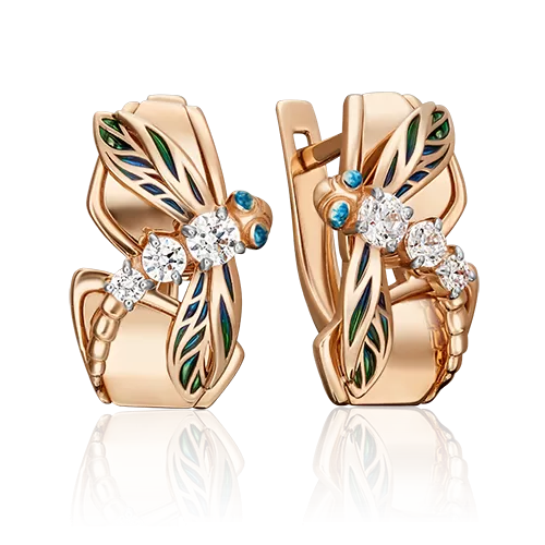 Серьги «Стрекозы» с английским замком из красного золота с фианитами и эмалью 02-4529-01-501-1110-38