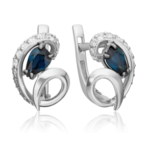 Серьги с английским замком из белого золота с сапфиром и бриллиантами
