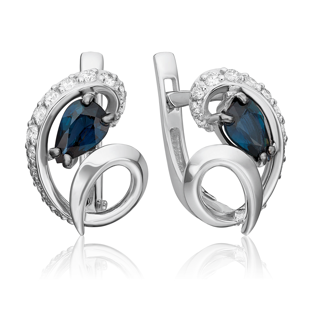 Серьги с английским замком из белого золота с сапфиром и бриллиантами 02-0965-00-105-1120-30