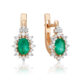 Серьги с английским замком из красного золота с изумрудом и бриллиантами