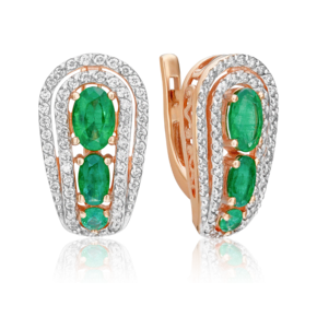 Серьги с английским замком из красного золота с изумрудами и бриллиантами