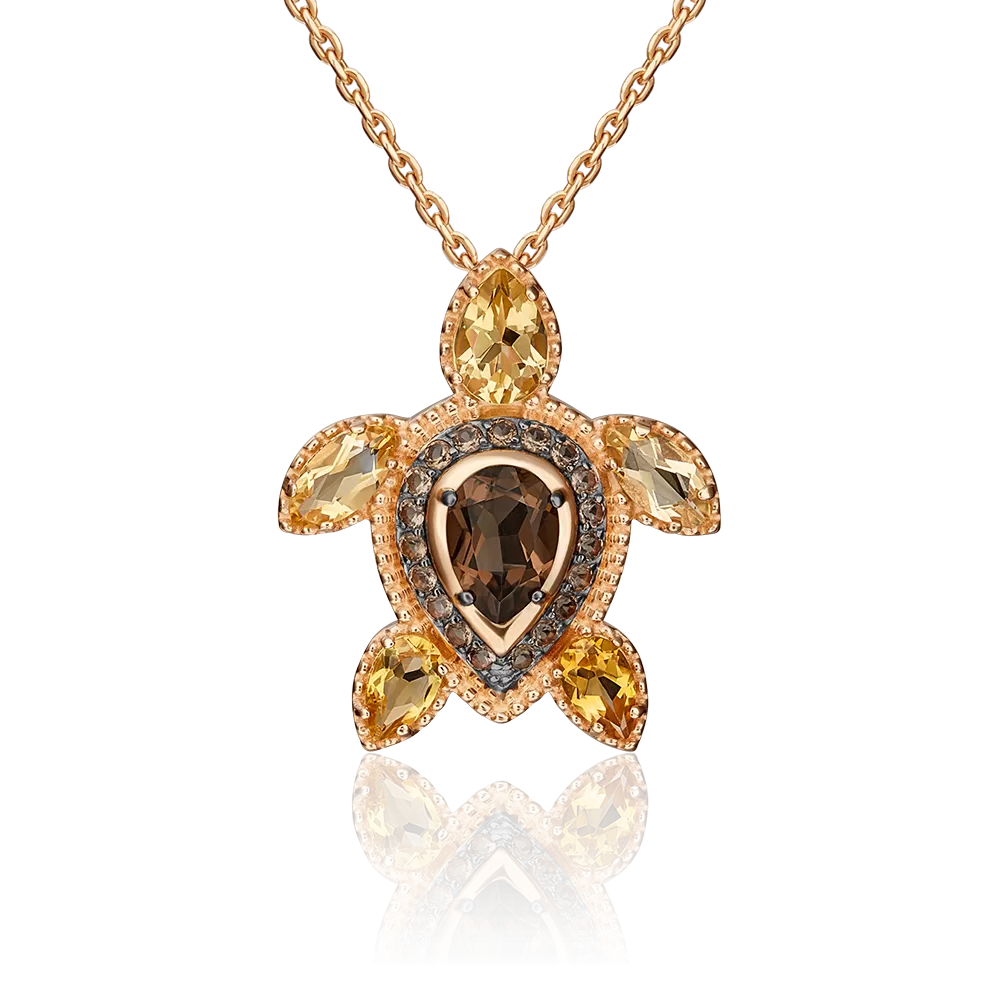 Подвеска «Черепаха» из красного золота с кварцем дымчатым и цитринами 03-3113-00-226-1110-46
