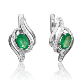 Серьги с английским замком из белого золота с изумрудом и бриллиантами
