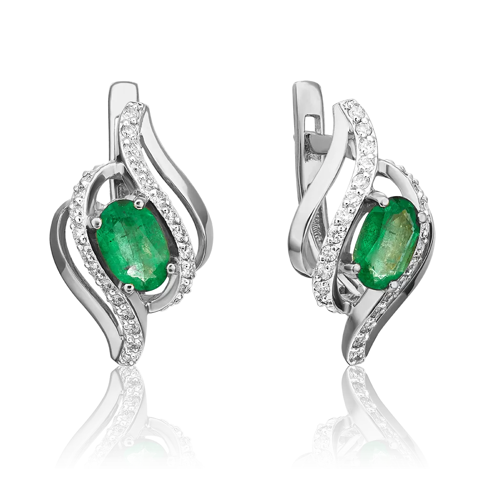 Серьги с английским замком из белого золота с изумрудом и бриллиантами 02-0864-00-106-1120-30