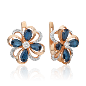 Серьги с английским замком из красного золота с сапфирами и бриллиантами