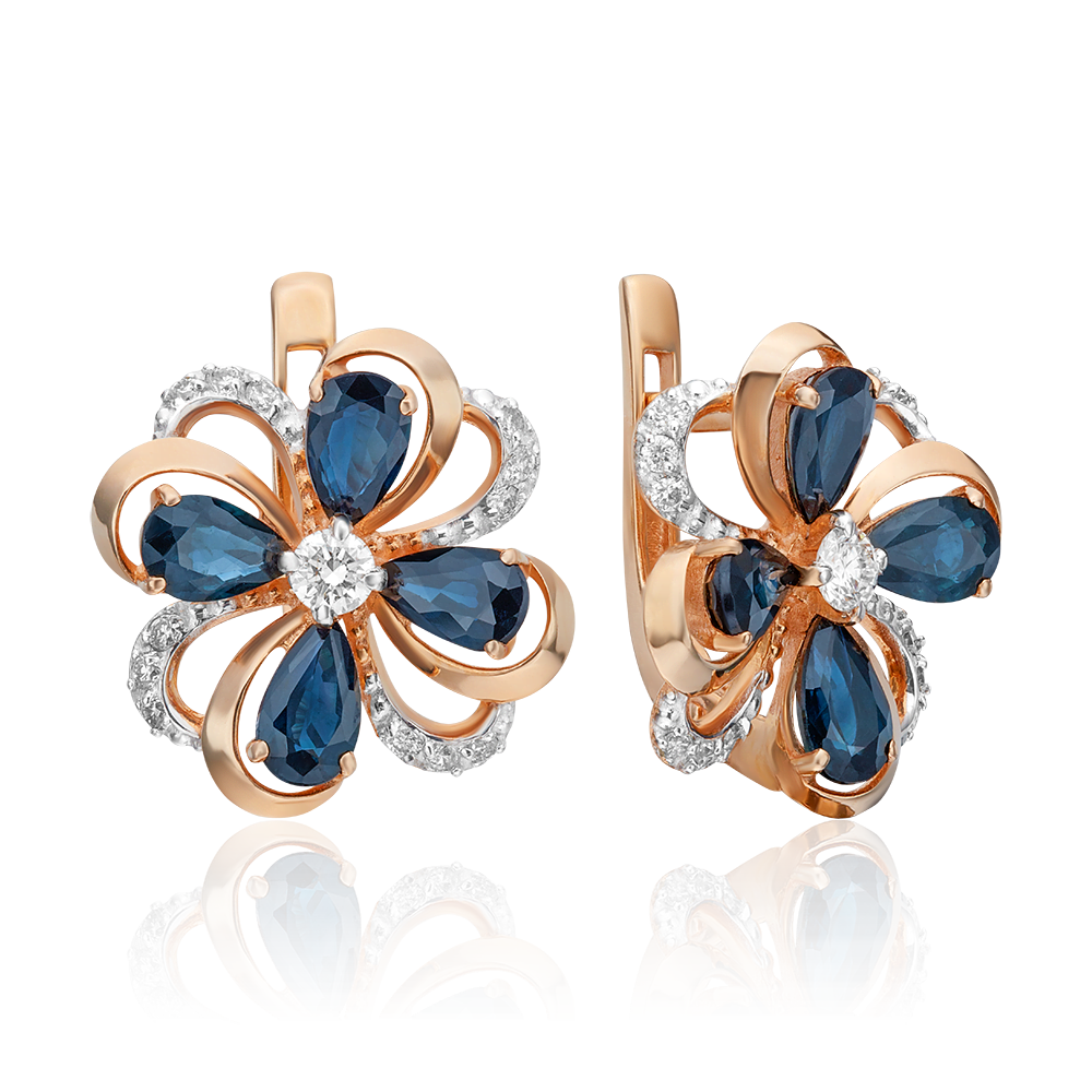 Серьги с английским замком из красного золота с сапфирами и бриллиантами 02-0865-00-105-1110-30