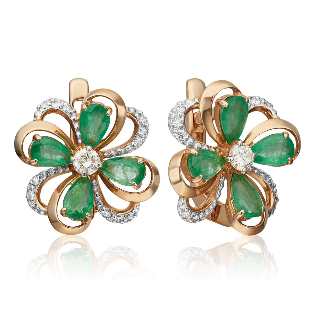 Серьги с английским замком из красного золота с изумрудами и бриллиантами 02-0865-00-106-1110-30