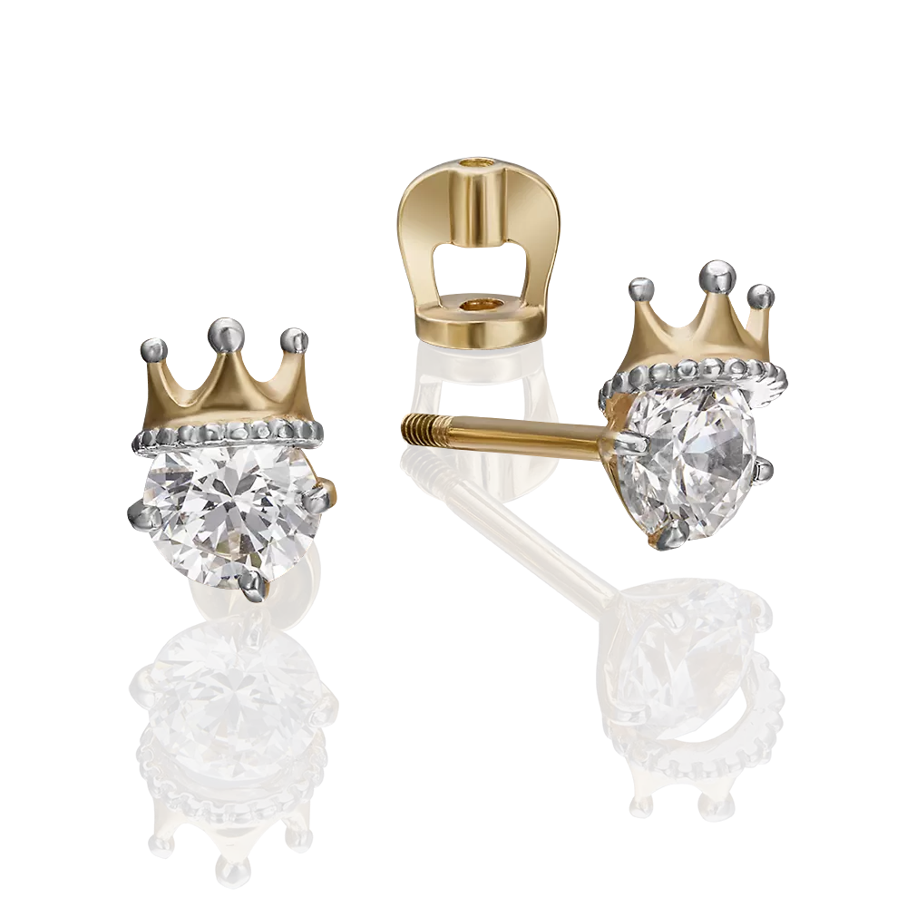 Серьги-пусеты «Короны» из лимонного золота с фианитом 02-4306-00-501-1130-38
