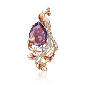 Брошь «Жар-птица» из красного золота с аметистом, натуральными топазами white и эмалью 04-0234-00-225-1110-46