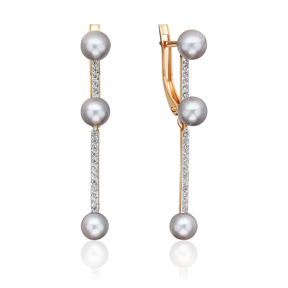 Серьги с английским замком из красного золота с жемчугом культивированным и фианитами 02-5605-00-302-1110