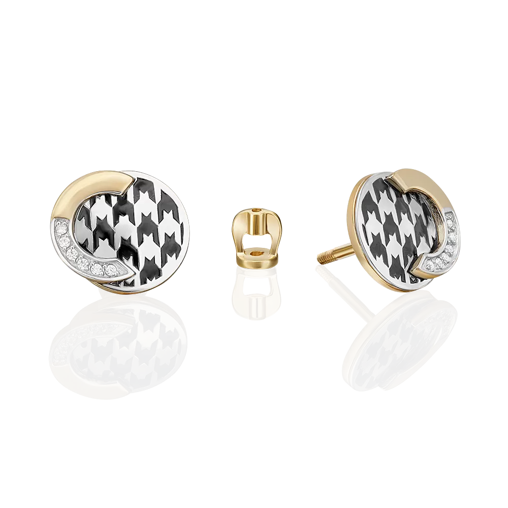 Серьги с принтом «Гусиная лапка» из комбинированного золота с фианитами и эмалью 02-5201-00-401-1121