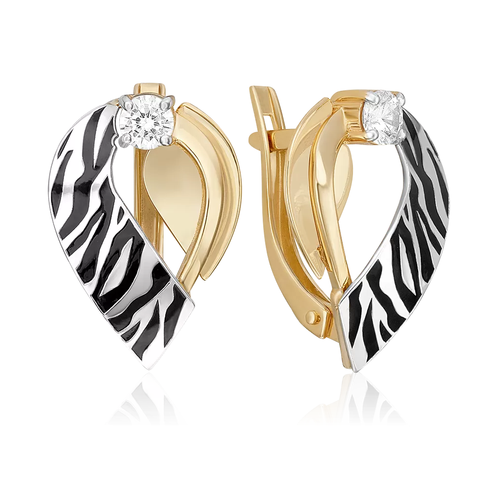 Серьги с принтом «Зебра» из комбинированного золота с фианитом и эмалью 02-5193-00-401-1121