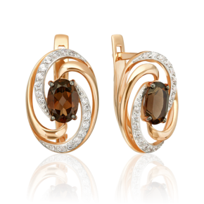 Серьги с английским замком из красного золота с кварцем дымчатым и фианитами 02-3340-00-208-1110-46