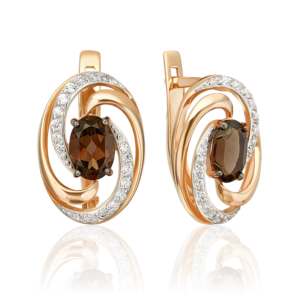 Серьги с английским замком из красного золота с кварцем дымчатым и фианитами 02-3340-00-208-1110-46