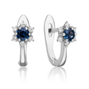 Серьги с английским замком из белого золота с сапфиром и бриллиантами