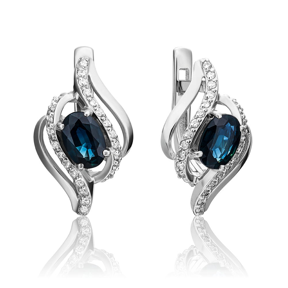 Серьги с английским замком из белого золота с сапфиром и бриллиантами 02-0864-00-105-1120-30