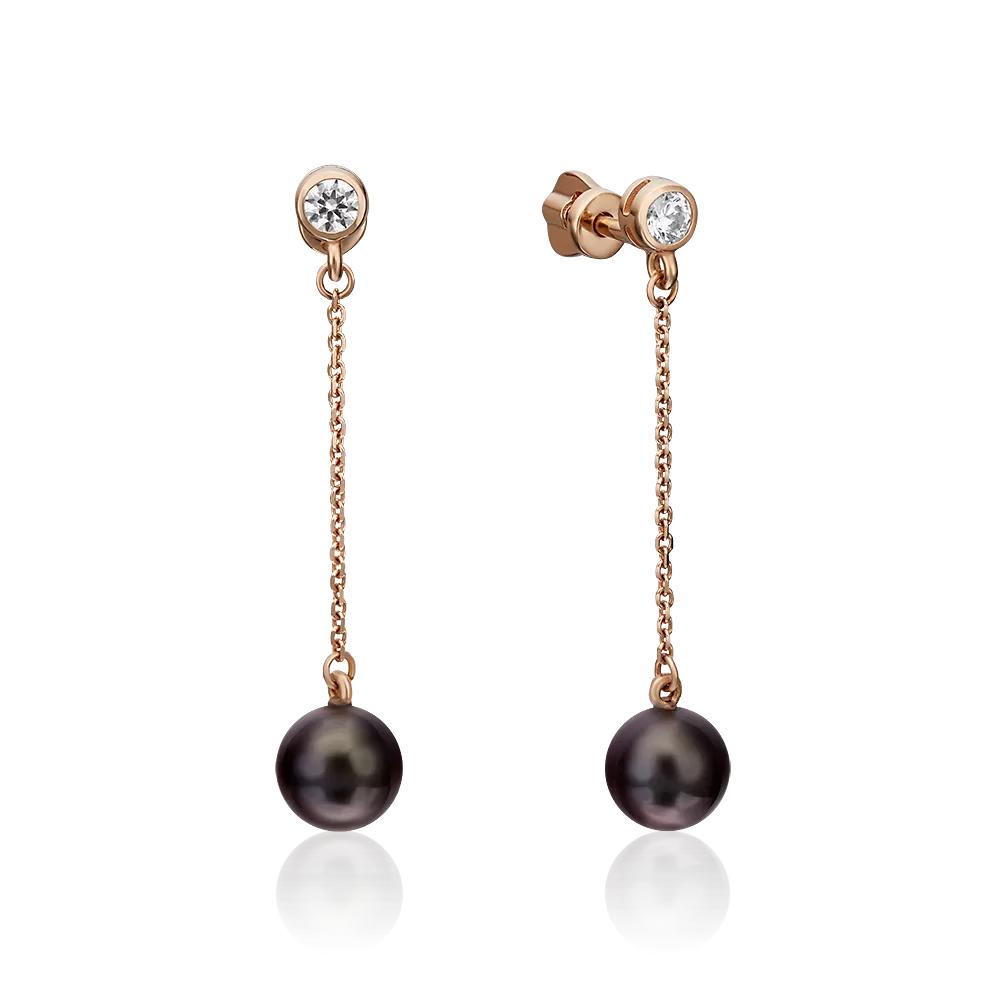 Серьги-пусеты из красного золота с жемчугом культивированным и фианитом 02-4399-01-302-1110-31