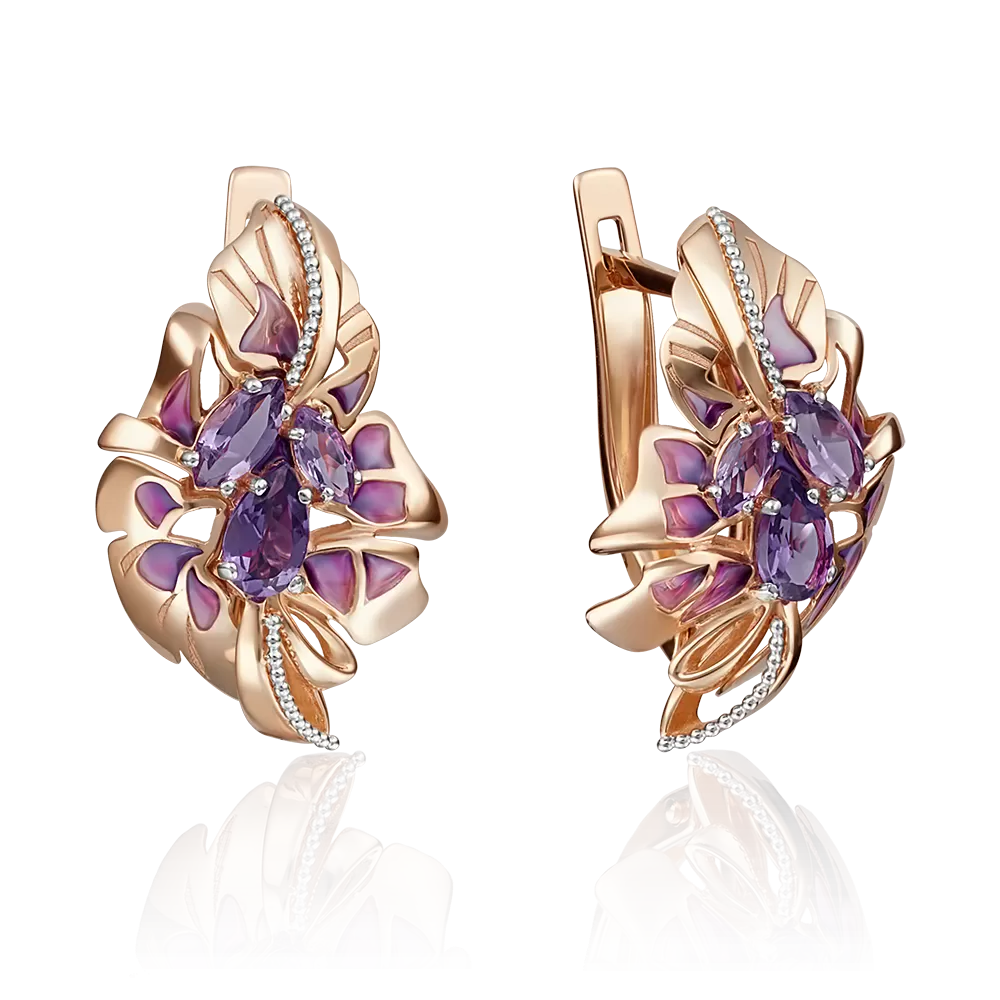 Серьги с английским замком из красного золота с аметистами и эмалью 02-4104-00-203-1110-57